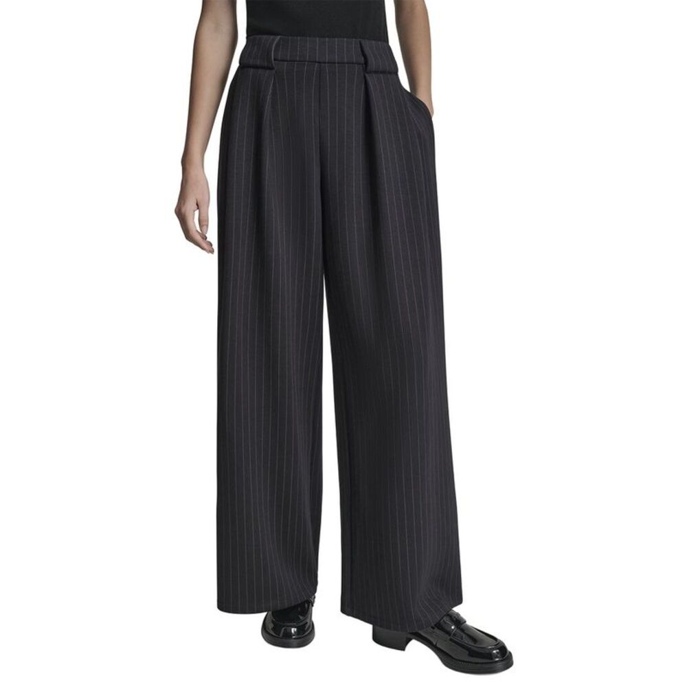 Dkny Womens  Straight Leg Pleated Pinstripe Pant, Black